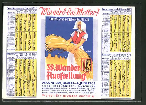 AK Mannheim, 38. Wander-Ausstellung der deutschen Landwirtschafts-Gesellschaft 31.05-05.06.1932, Bäuerin mit Heu