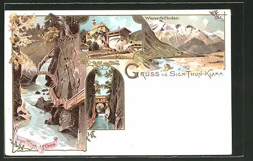 Lithographie Kaprun, Partie in der Sigm. Thun-Klamm, Wasserfallboden