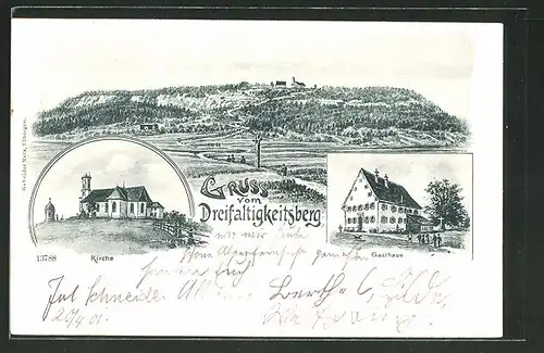 Lithographie Spaichingen, Gasthaus auf dem Dreifaltigkeitsberg, Kirche