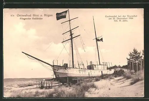 AK Binz, Segelschiff "Der fliegende Holländer" gestrandet nach der Sturmflut am 31. Dezember 1904
