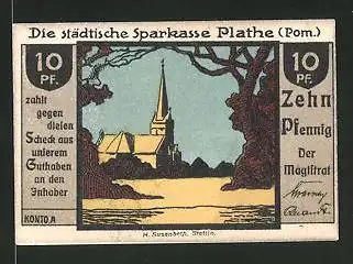 Notgeld Plathe in Pommern, 10 Pfennig, Kirche, Stadtwappen