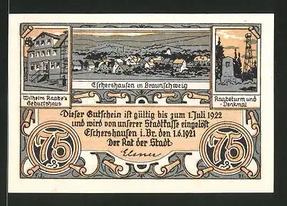 Notgeld Eschershausen 1921, 75 Pfennig, Raabe's Geburtshaus und Denkmal, Kriegerdenkmal