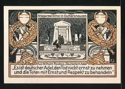Notgeld Eschershausen 1921, 75 Pfennig, Raabe's Geburtshaus und Denkmal, Kriegerdenkmal