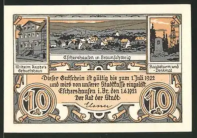 Notgeld Eschershausen 1921, 10 Pfennig, Raabe's Geburtshaus und Denkmal, Raabe: "Deutscher Adel"