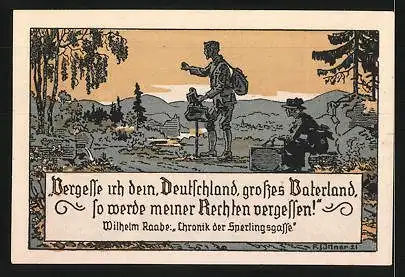 Notgeld Eschershausen 1921, 50 Pfennig, Raabe's Geburtshaus und Denkmal, Raabe: "Chronik der Sperlingsgasse"
