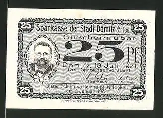 Notgeld Dömitz an der Elbe 1922, 25 Pfennig, Fritz-Reuter-Porträt, Fritz-Reuter-Gefängnis