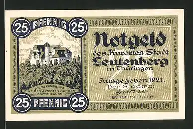 Notgeld Leutenberg in Thüringen 1921, 25 Pfennig, Stadtwappen und Schloss, Stadtwappen