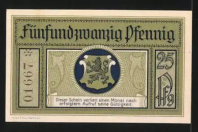 Notgeld Leutenberg in Thüringen 1921, 25 Pfennig, Stadtwappen und Schloss, Stadtwappen