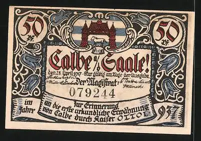 Notgeld Calbe an der Saale 1917, 50 Pfennig, Stadtwappen, Ratsherren und der Meister