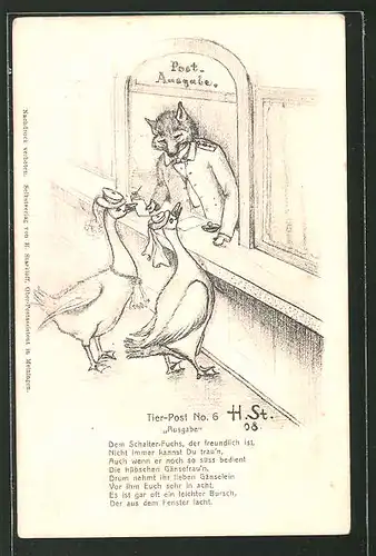 Künstler-AK H. Starkloff: Tier-Post, vermenschlichter Fuchs in der Post Ausgabe