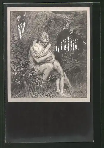 Künstler-AK Fidus: Mutter hält ihr Kind im Wald im Arm
