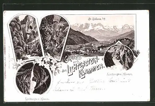 Lithographie St. Johann i. P., Gesamtansicht aus der Vogelschau, Lichtenstein-Klamm