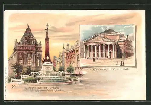 Lithographie Brüssel / Bruxelles, La Place de Broukére et Monument Anspach, Theatre Royal de la Monnie