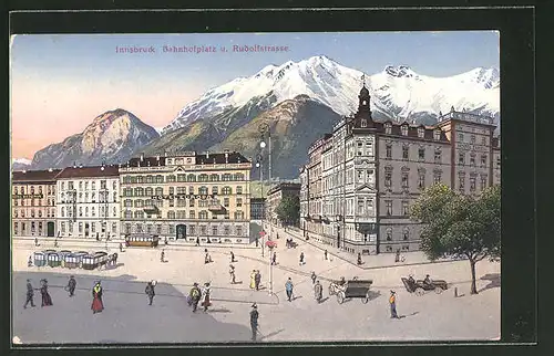 AK Innsbruck, Partie am Bahnhofplatz mit der Rudolfstrasse, Strassenbahn