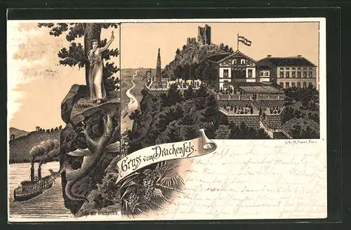 Lithographie Königswinter, Blick auf das Gasthaus "Drachenfels", Sage vom Drachenfels