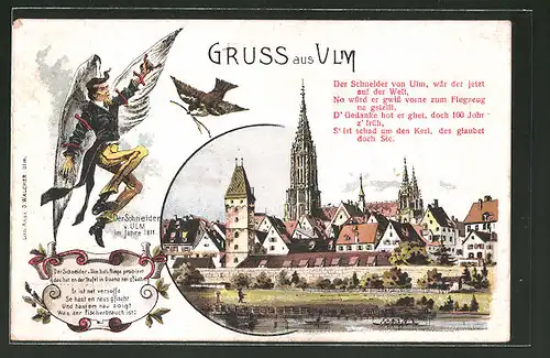 Lithographie Ulm, Teilansicht vom Fluss aus, Sage des Schneiders von Ulm