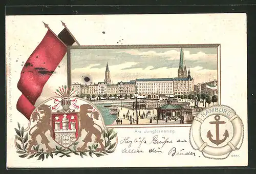 Passepartout-Lithographie Hamburg-Neustadt, Partie am Jungfernstieg, Wappen