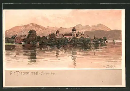 Künstler-Lithographie Otto Strützel: Die Fraueninsel, Chiemsee