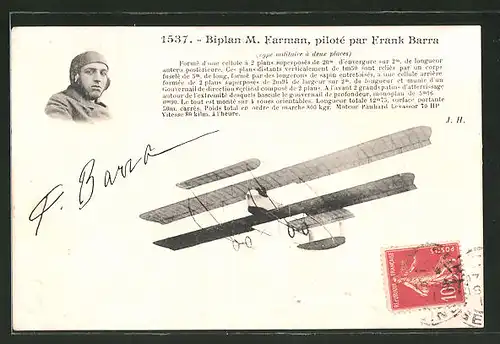 AK Biplan M. Farman, piloté par Frank Barra, Doppeldecker-Flugzeug