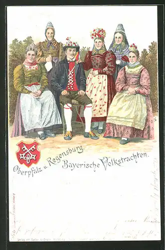 Lithographie Bayerische Volkstrachten, Oberpfalz und Regensburg