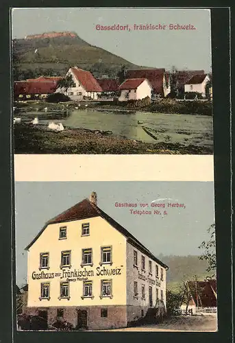 AK Gasseldorf, Ortsansicht mit Uferpartie und Gasthaus Zur Fränkischen Schweiz von Georg Herbst