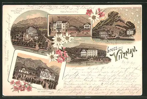 Lithographie Vitznau, Hotel-Pension zum weissen Kreuz, Hotel-Pension Lüzelau, Hotel Rigi-Bahn