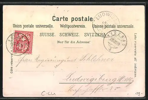 Lithographie Vitznau, Hotel-Pension zum weissen Kreuz, Hotel-Pension Lüzelau, Hotel Rigi-Bahn