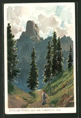 Künstler-Lithographie Zeno Diemer: Ettaler Mandl, von der Landeralpe aus gesehen