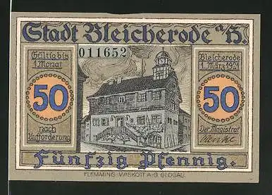 Notgeld Bleicherode am Harz 1921, 50 Pfennig, Rathaus, Stadtwappen mit Webstuhl