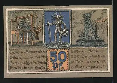 Notgeld Bleicherode am Harz 1921, 50 Pfennig, Rathaus, Stadtwappen mit Webstuhl