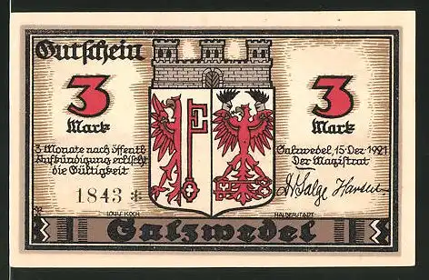Notgeld Salzwedel 1921, 3 Mark, Stadtwappen, Ortsansicht aus alter Zeit