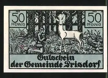Notgeld Prisdorf, 50 Pfennig, Posthorn, heiliger Hirsch mit Jäger