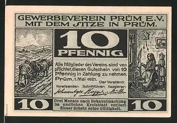 Notgeld Prüm 1921, 10 Pfennig, Bäuerin mit Spinnrad und Bauer mit Rinderpflug, Markttag