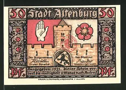 Notgeld Altenburg 1921, 50 Pfennig, Stadtwappen und Stadtmauer, Schloss Altenburg