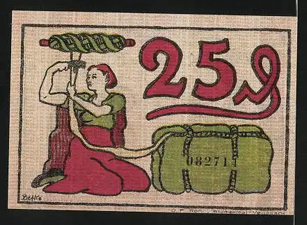Notgeld Blumenthal (Hannover) 1921, 25 Pfennig, Schiffswerft und Werftarbeiter, Frau mit Paket