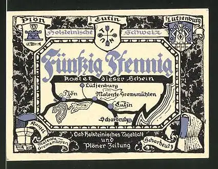 Notgeld Eutin, 50 Pfennig, Wappen der Ortschaften der Holsteinischen Schweiz, Hessenstein bei Lütjenburg