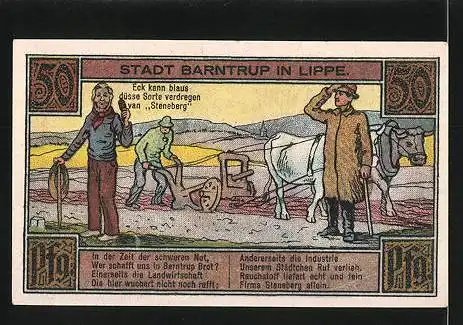 Notgeld Barntrup in Lippe 1921, 50 Pfennig, Stadtwappen, Bauern mit Rinderpflug