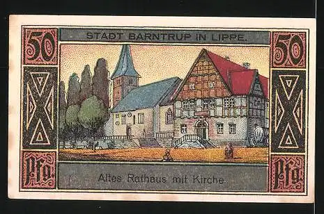 Notgeld Barntrup in Lippe 1921, 50 Pfennig, Stadtwappen, altes Rathaus mit Kirche