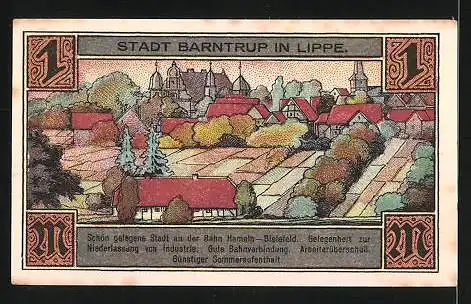 Notgeld Barntrup in Lippe 1921, 1 Mark, Stadtwappen, Ortsansicht