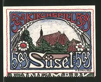 Notgeld Süsel 1920, 50 Pfennig, Kirche, Bauernhaus