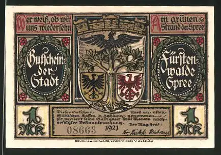 Notgeld Fürstenwalde an der Spree 1921, 1 Mark, Stadtwappen, Plünderung Fürstenwalde 1631