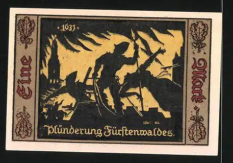 Notgeld Fürstenwalde an der Spree 1921, 1 Mark, Stadtwappen, Plünderung Fürstenwalde 1631