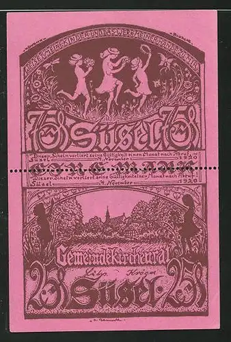 Notgeld Süsel 1920, 1 Mark, tanzende Kinder und Kirche, Bauernhaus