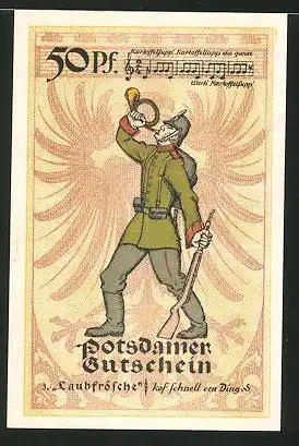 Notgeld Potsdam 1921, 50 Pfennig, Stadtwappen, Infanterist bläst Horn