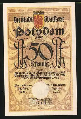 Notgeld Potsdam 1921, 50 Pfennig, Stadtwappen, Infanterist bläst Horn