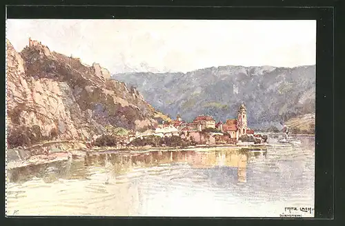 Künstler-AK Fritz Lach: Dürnstein an der Donau, Blick zum Ort