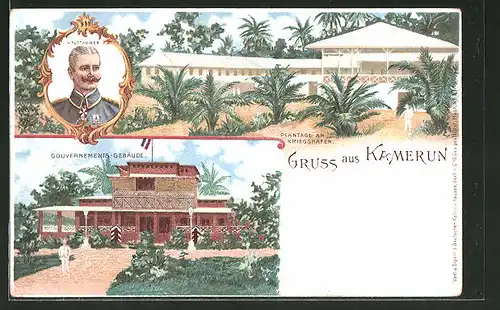 Lithographie Kamerun, Porträt v. Puttkamer, Plantage am Kriegshafen, Gouvernementsgebäude