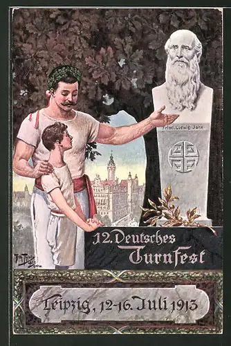 Künstler-AK Arthur Thiele: Leipzig, 12. Deutsches Turnfest 1913, Sein Vorbild, Knabe am Denkmal von Jahn