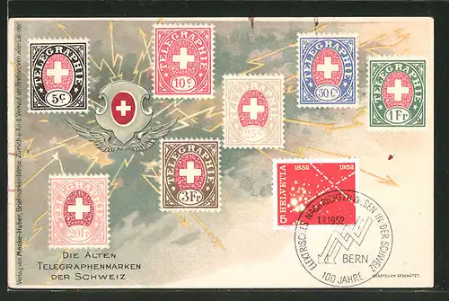 Lithographie Die alten Telegraphenmarken der Schweiz