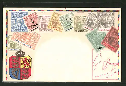 AK Mauritius, Briefmarken, Wappen und Landkarte